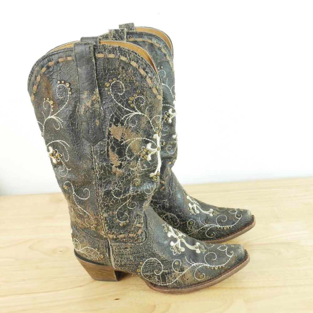 Corral Boots Size 7 Brown Crackle Leather Distressed Embroidered‎ Cross Western